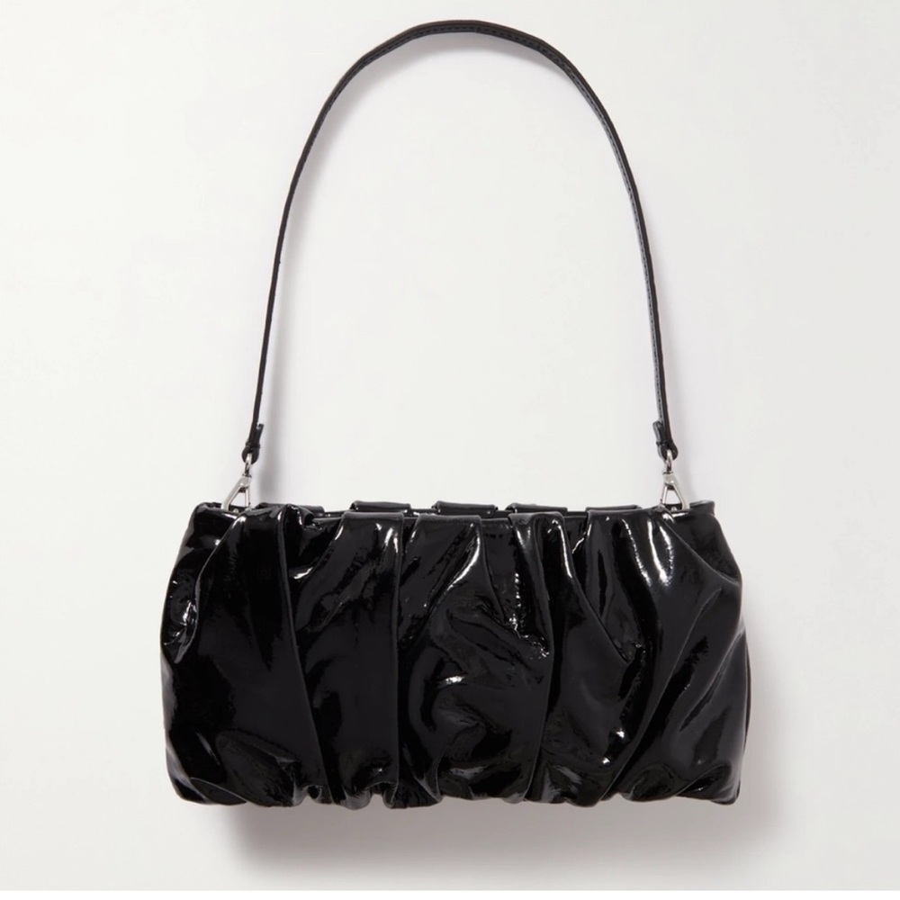 STAUD Bean Gathered Patent-leather Shoulder Bag in Black
